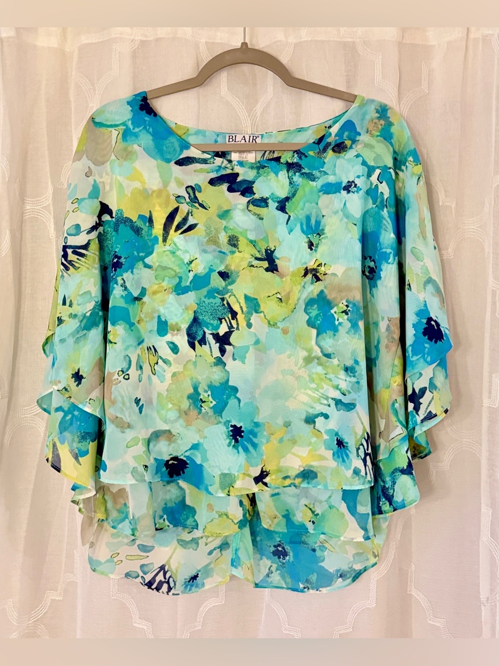 Blair Medium Aqua Blue Floral Layered Chiffon Poncho Blouse